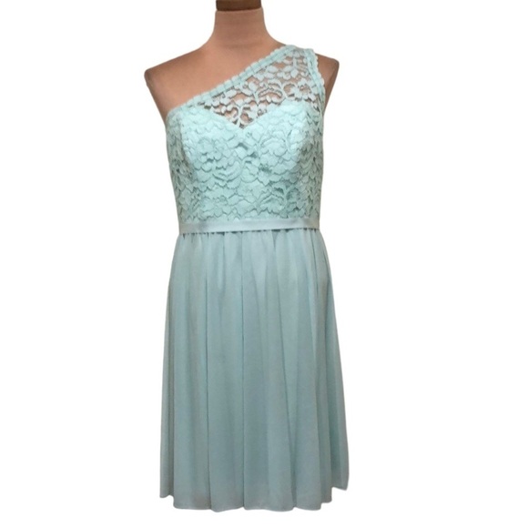 David’s Bridal Dress Size 12 Robin’s Egg Blue Floral Lace One Shoulder - Picture 1 of 6